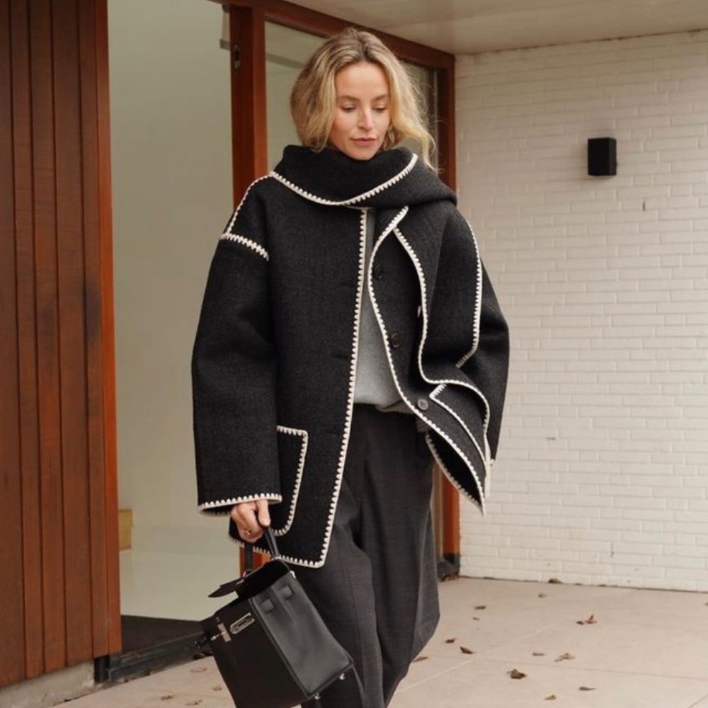 Toteme Dupe Black Coat and Scarf Set with White Trim